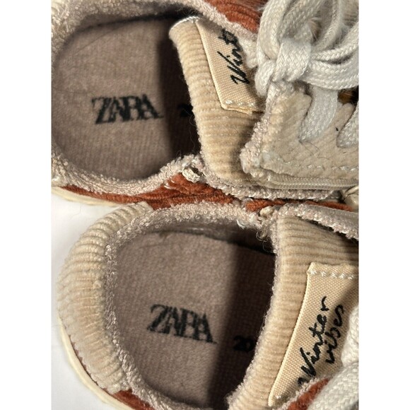 Zara Corduroy Patchwork Sneakers Shoes Size 20 Euro 4.5-5 US Brown Tan Zip & Tie - Picture 6 of 9